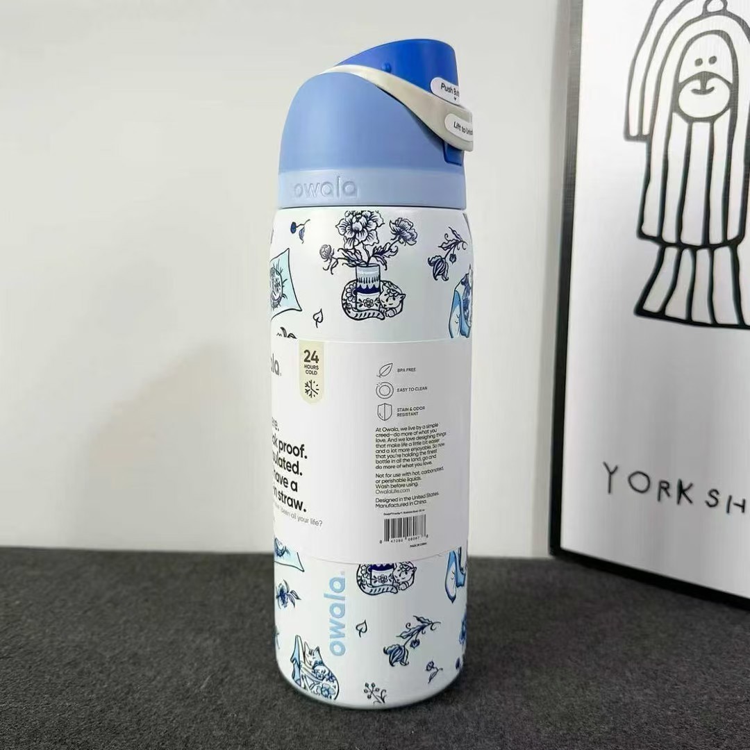 New 32oz Delft Cat Water Bottle Owala URBAN OUTFITTERS Exclusive W/ Straws==Gift