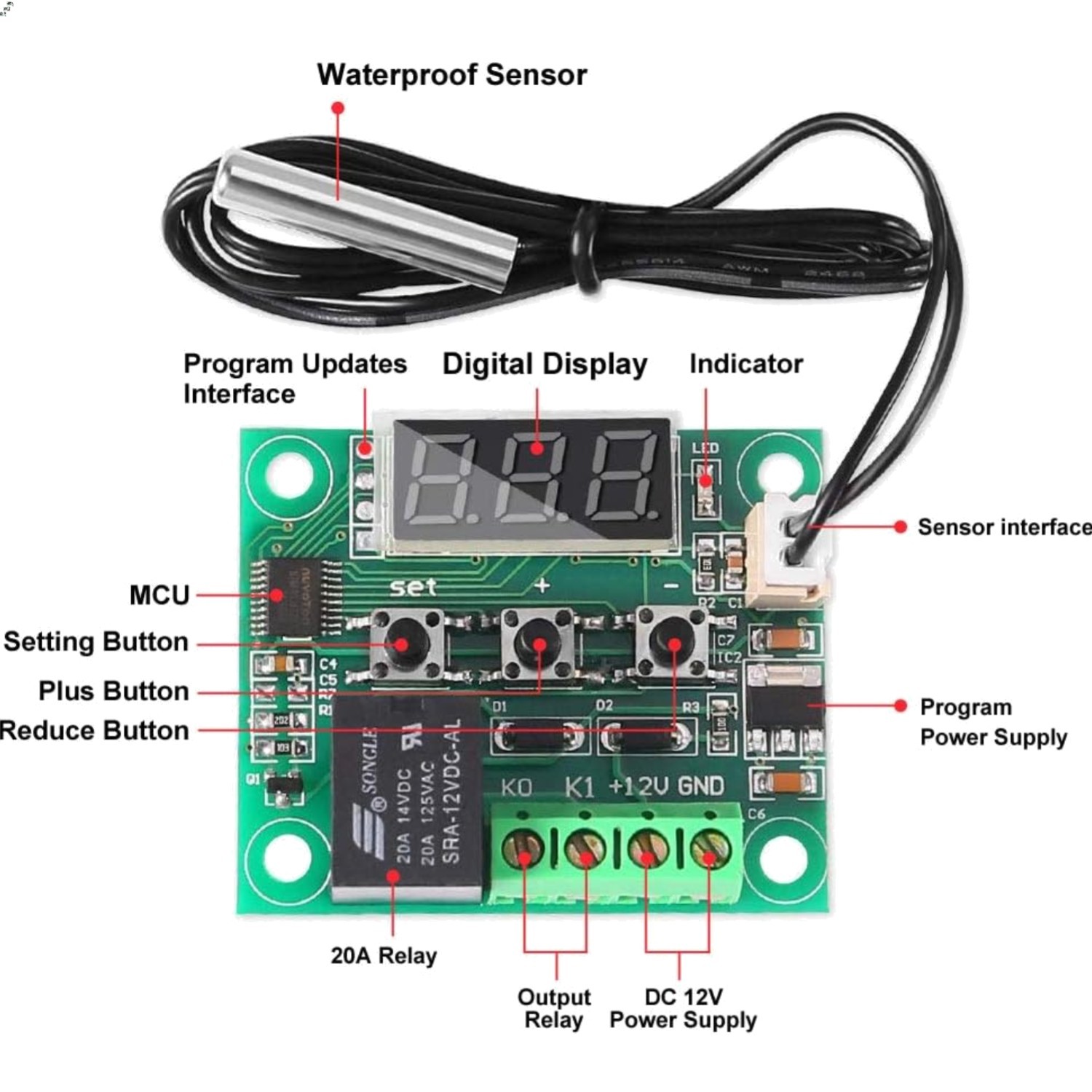 3PCS W1209 12V DC Digital Temperature Controller Board with 10A One-channel R...