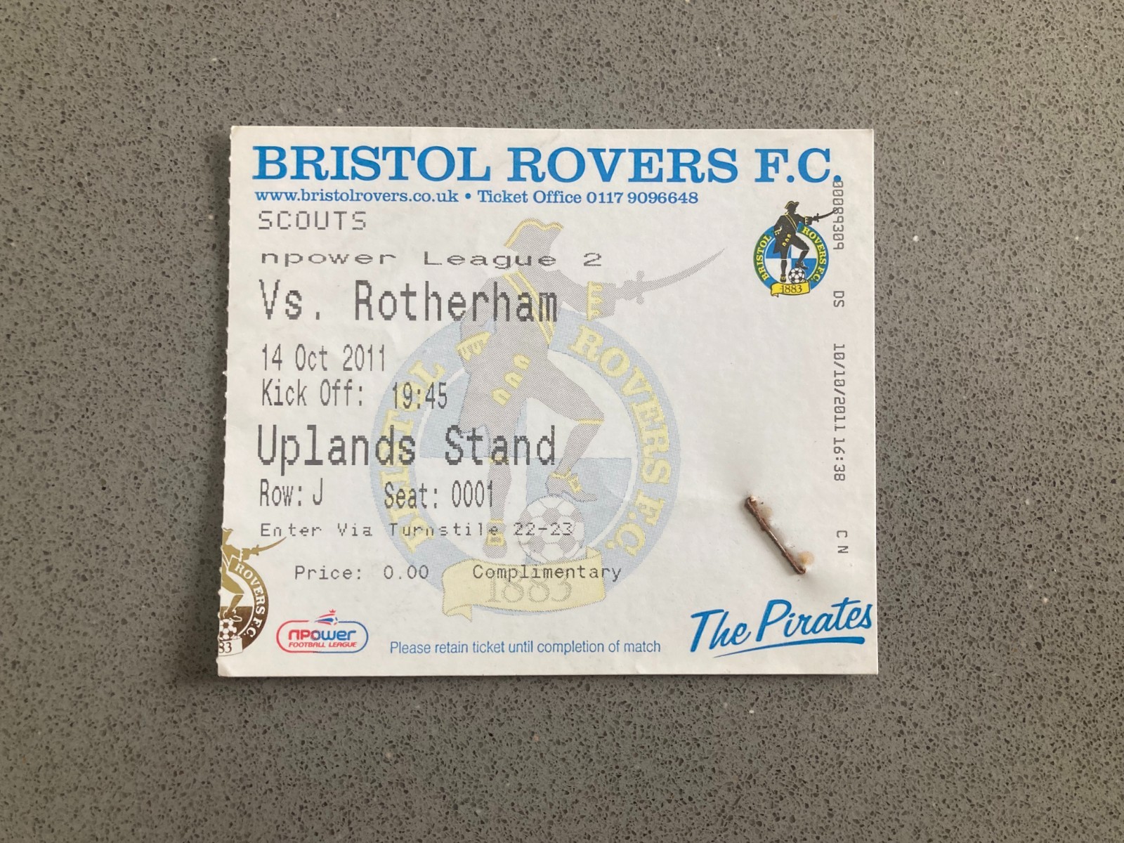 Bristol Rovers v Rotherham United 2011-12 Match Ticket