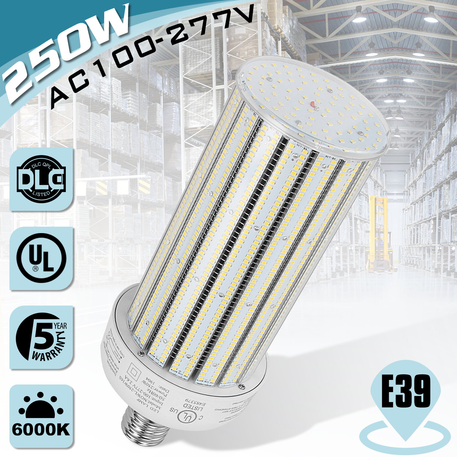 250W LED Corn Light Bulbs AC100~277V High Bay Warehouse Parking Lot Light 5000K