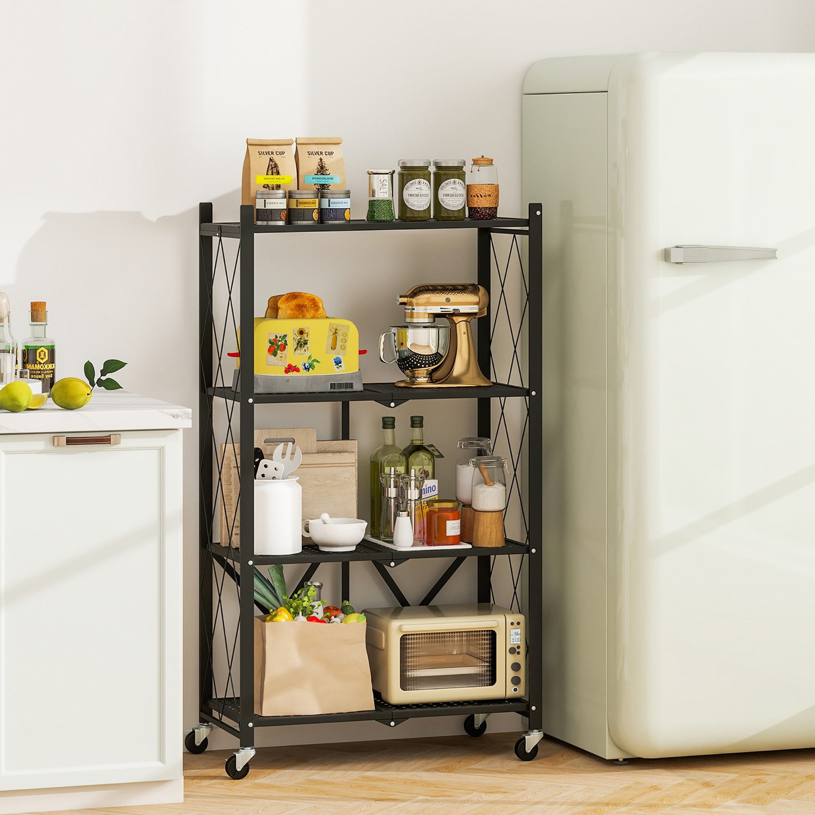 2PCS 4-tier Foldable Storage Shelving Unit w/4 Universal Wheels for Kitchen