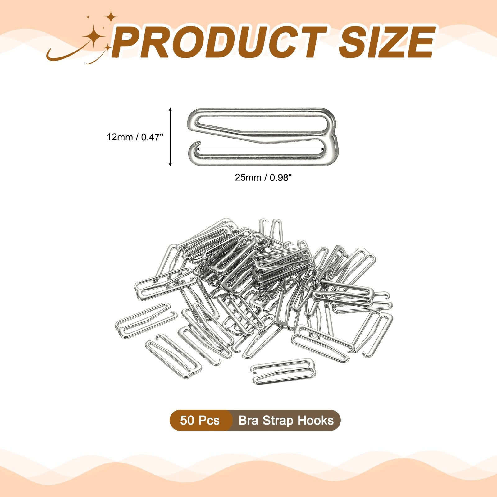 50Pcs Bra Hooks for Straps 25mm 9 Shaped, Silver