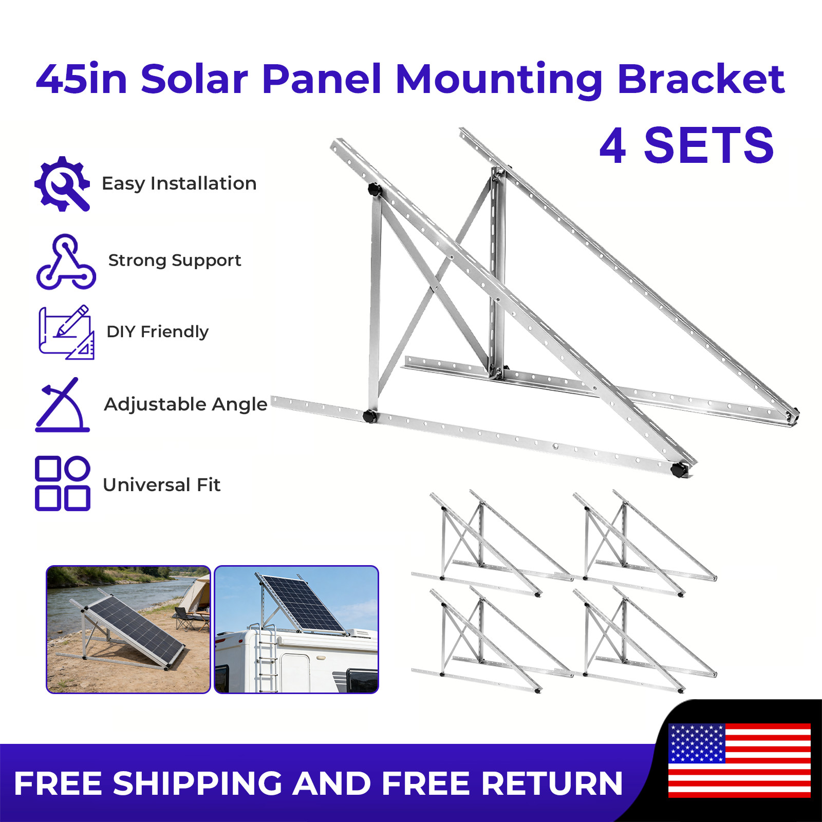 4 Sets 45in Adjustable Solar Panel Mounting Brackets for Garden/Farm/RV/Boat US