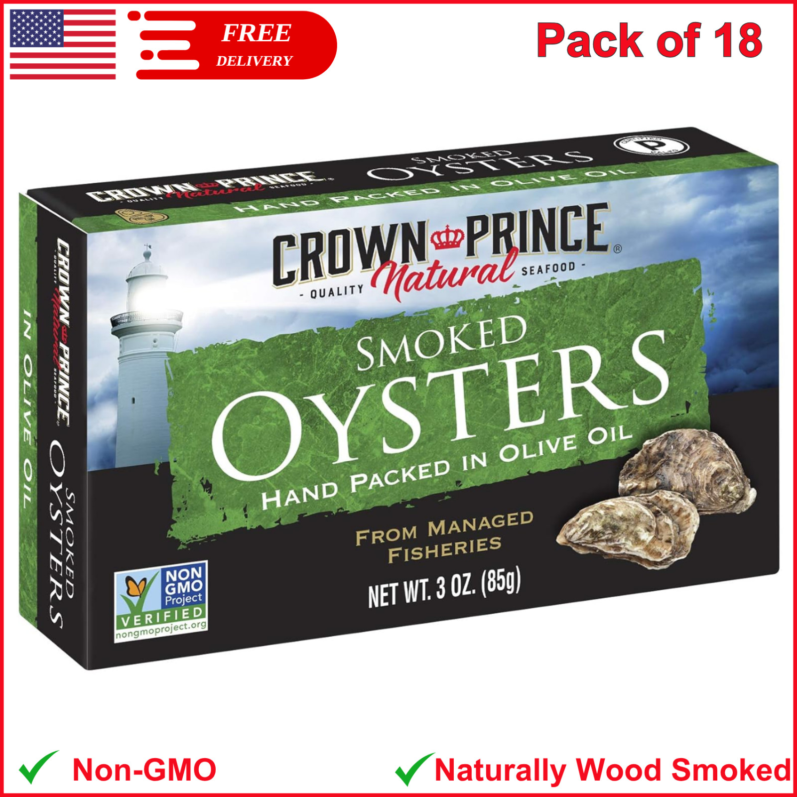 Crown Prince Natural Smoked Oysters in Pure Olive Oil, 3-Ounce Cans (Pack of 18)