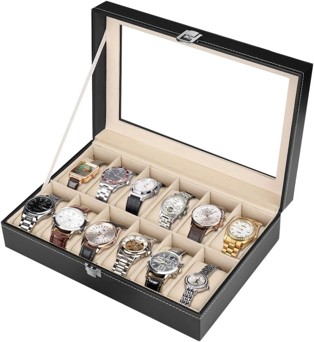 💯12 Slots PU Leather Wrist Watch Display Box Storage Holder Organizer Case NEW