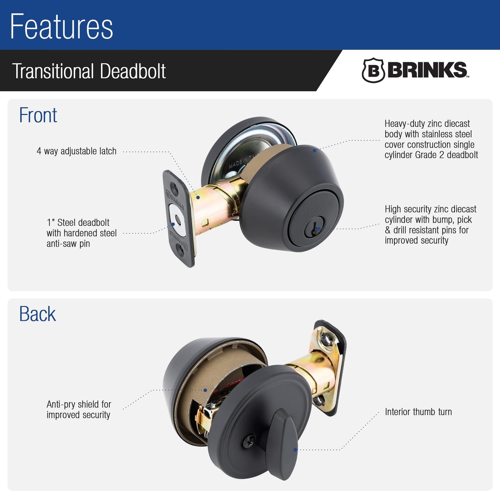 BRINKS Transitional Single Cylinder Deadbolt Lock, Door Lock Built for Reside...