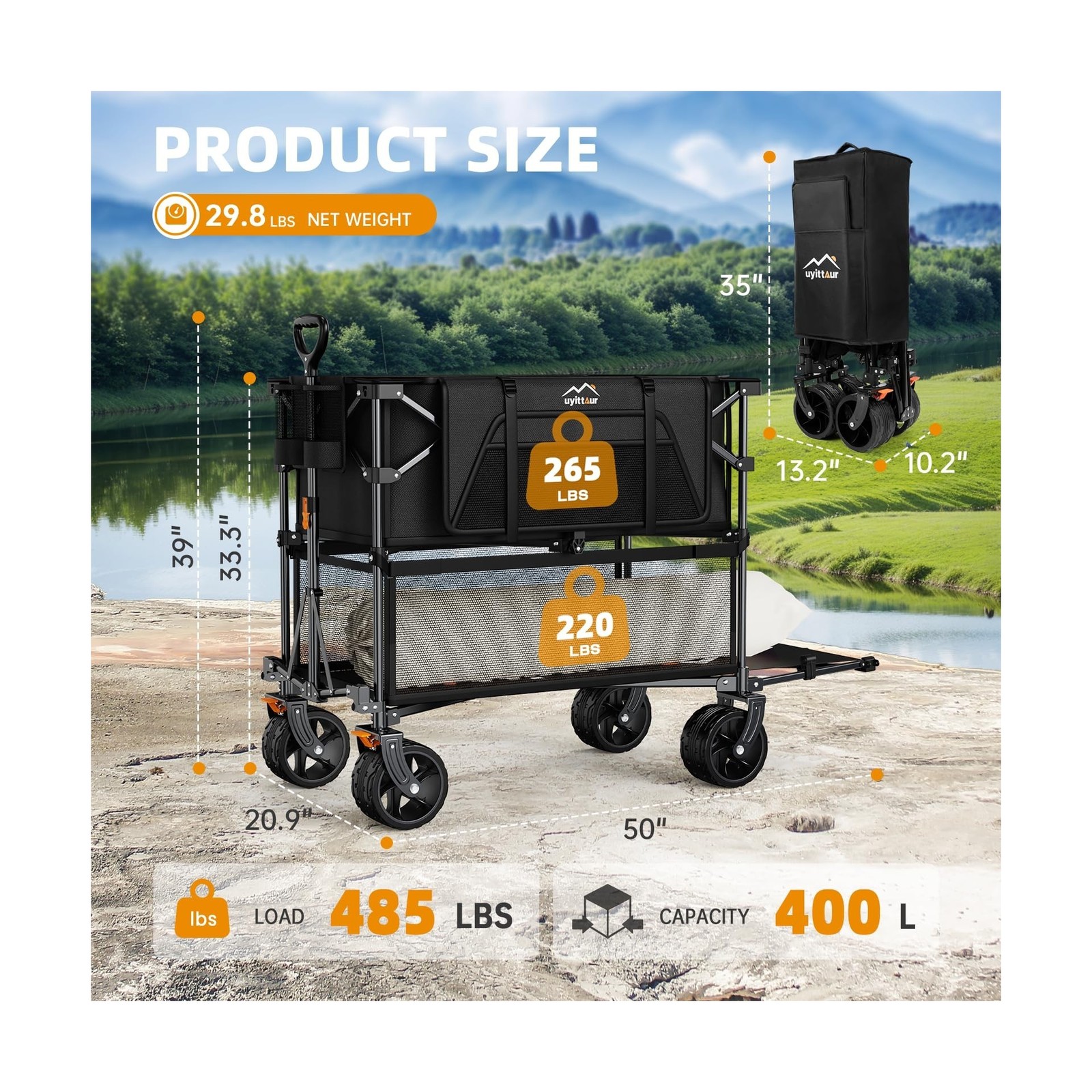 Foldable 50''L Extra Long Double Decker Wagon for Sport, 400L Colla... Fast Ship