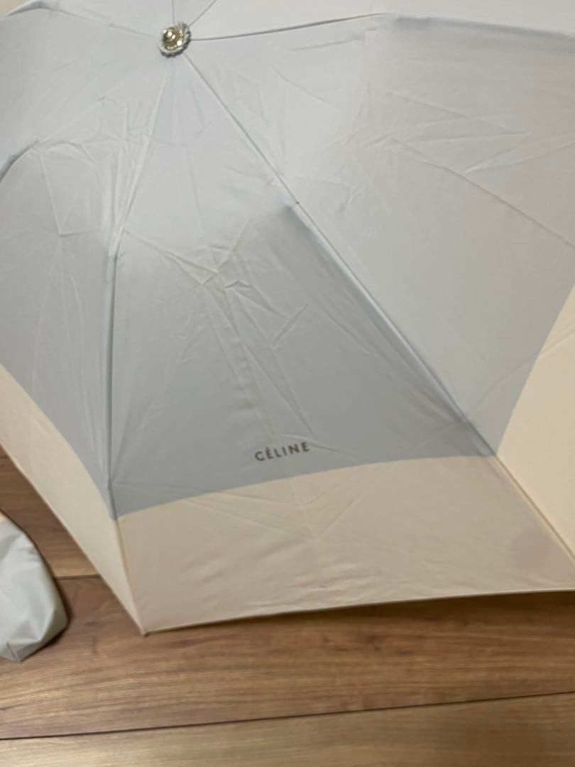 CELINE Folding Umbrella Pink Blue Gold Hardware Subtle Logo Authentic