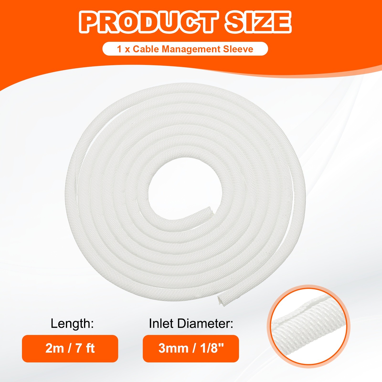 Wire Split Braided Cable Management Sleeve, White (1/8" - 7 Feet)