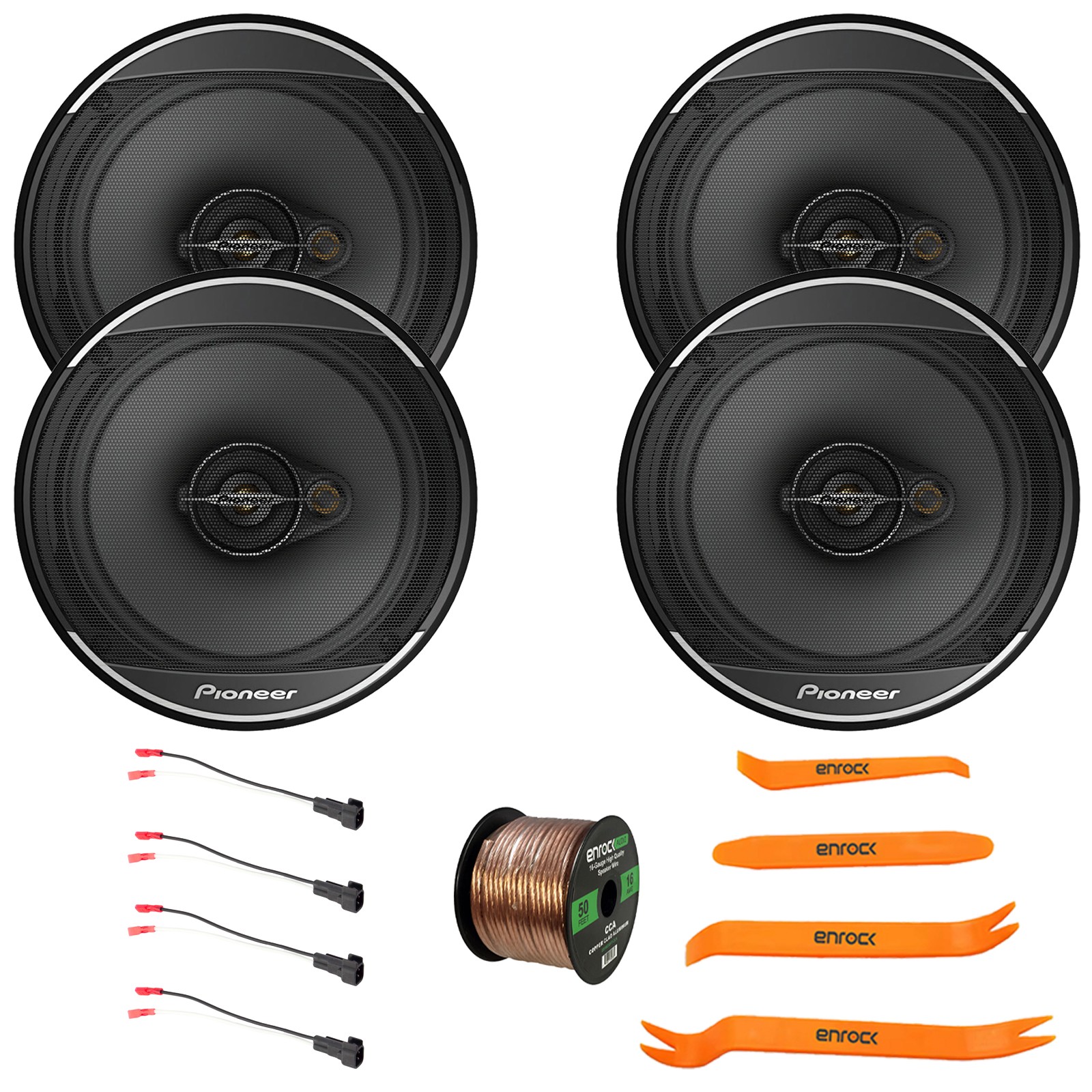 4x Pioneer TS-A1671F 6.5” 320W 3-Way Coaxial Speakers, 2x Speaker Harness + Wire
