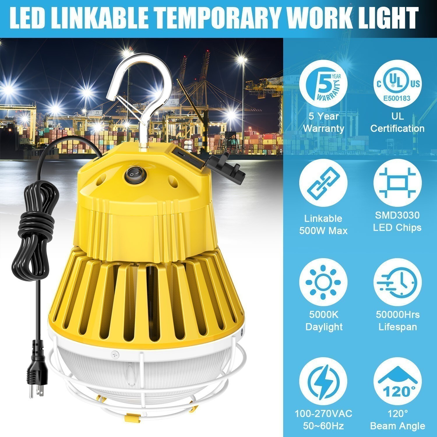 LED Temporary Work Light 100W/80W/60W 5000K 100-277V AC US plug Yellow Linkable