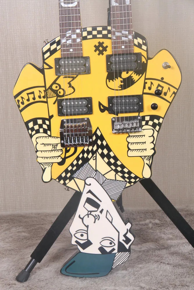 Rare Cheap Trick's Rick Nielsen Uncle Dick Double Neck Yellow Electric Guitar