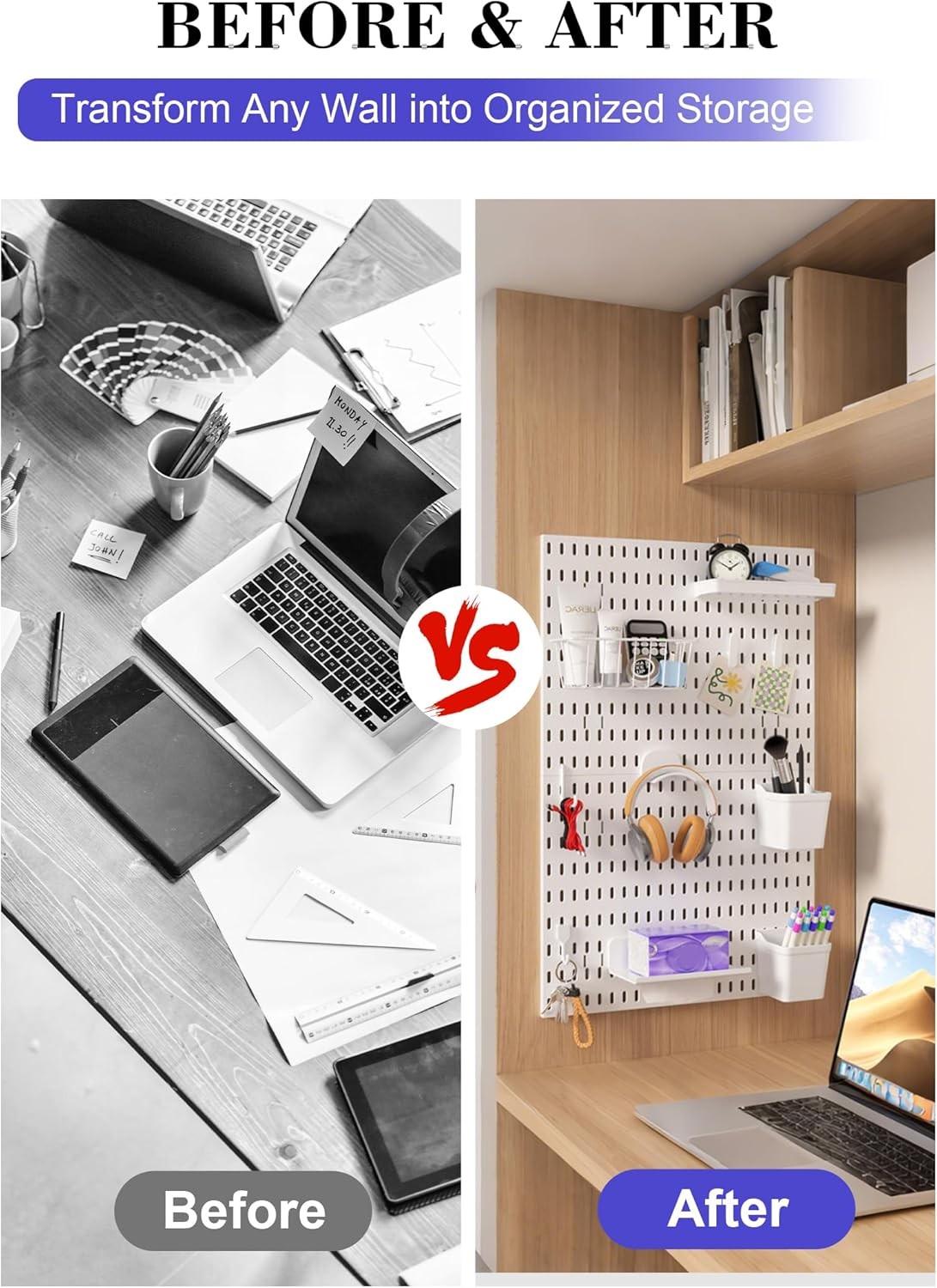 Pegboard Wall Organizer Set – 4 Peg Boards with Hooks & Shelves – Office, Ki
