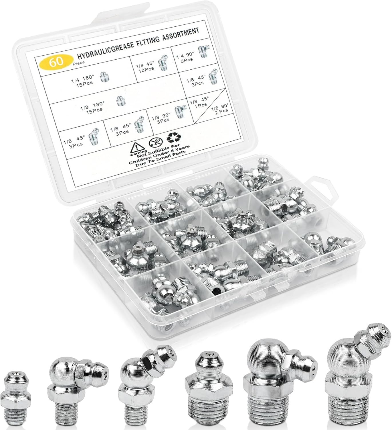 60Pcs Grease Fittings Kit, 1/4 & 1/8 Inch BSP Grease Zerk Fittings Assortment wi