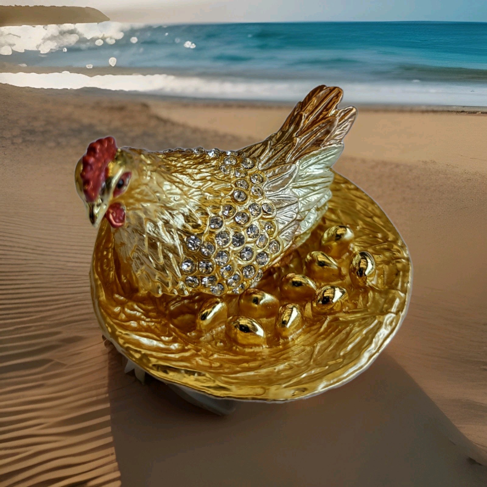 Gold Brown Chicken Hen Trinket Box