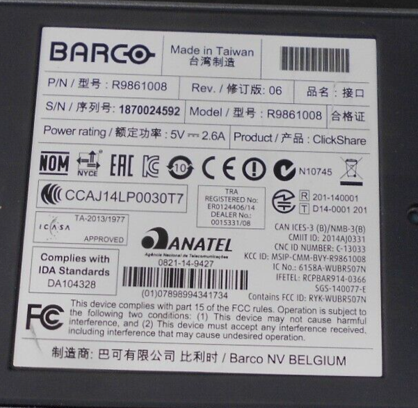 Barco P/N R9861008 Clickshare Presentation System 1 Button No Power Supply