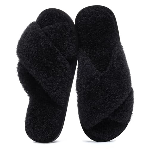 Women's Fuzzy Slippers Cross Band Memory Foam House 5-6.5 Cherry Velvet Black