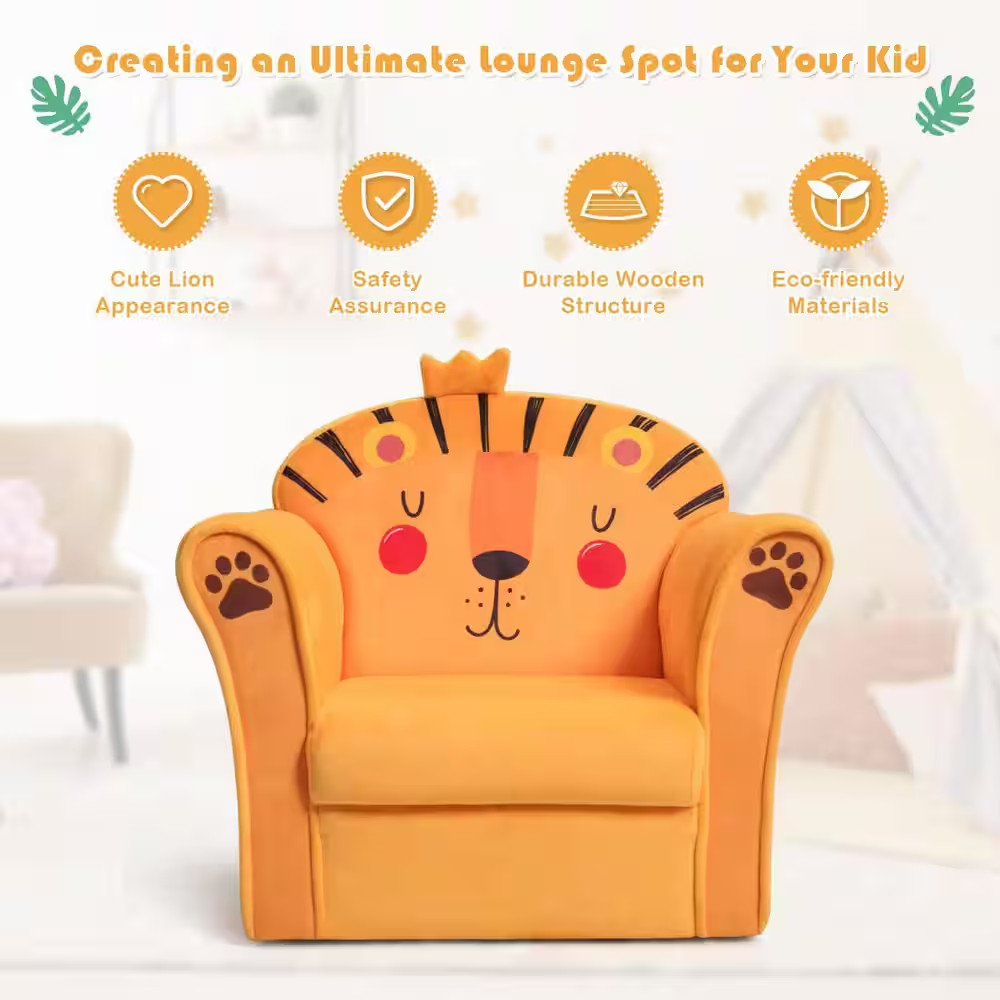 Kids Lion Sofa Children Armrest Couch Upholstered Chair in Orange