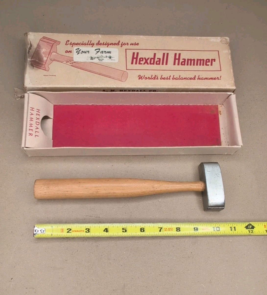 IV662 Vintage Hexdall Hammer With Box Hextell Implements Co. Elburn Illinois