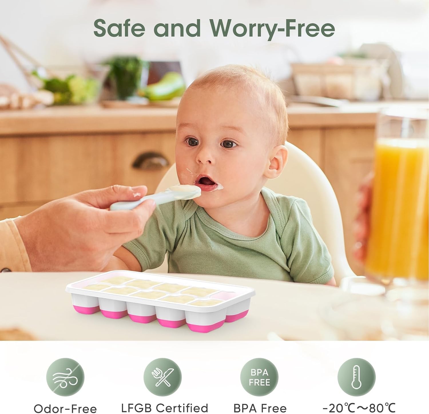 Silicone Ice Cube Trays 4 Pack with Lid Bin Scoop, Stackable Easy Release