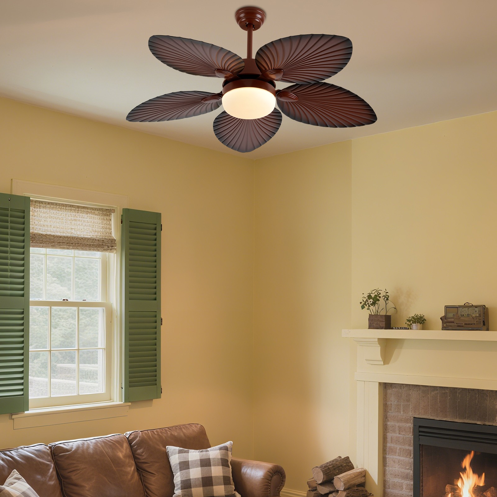 52" Tropical Ceiling Fan Light Retractable 5 Palm Leaf Blades w/ Remote Control