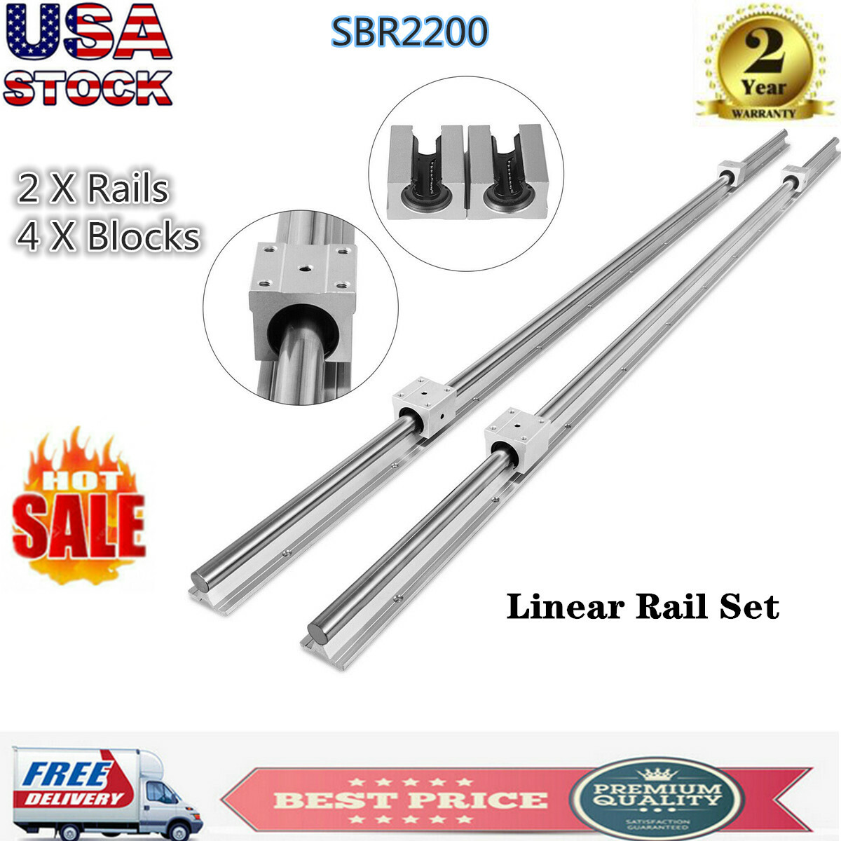 SBR20-2200mm 2x Linear Rail Set 4x Bearing Block 20mm Grinding Shaft Rod USA