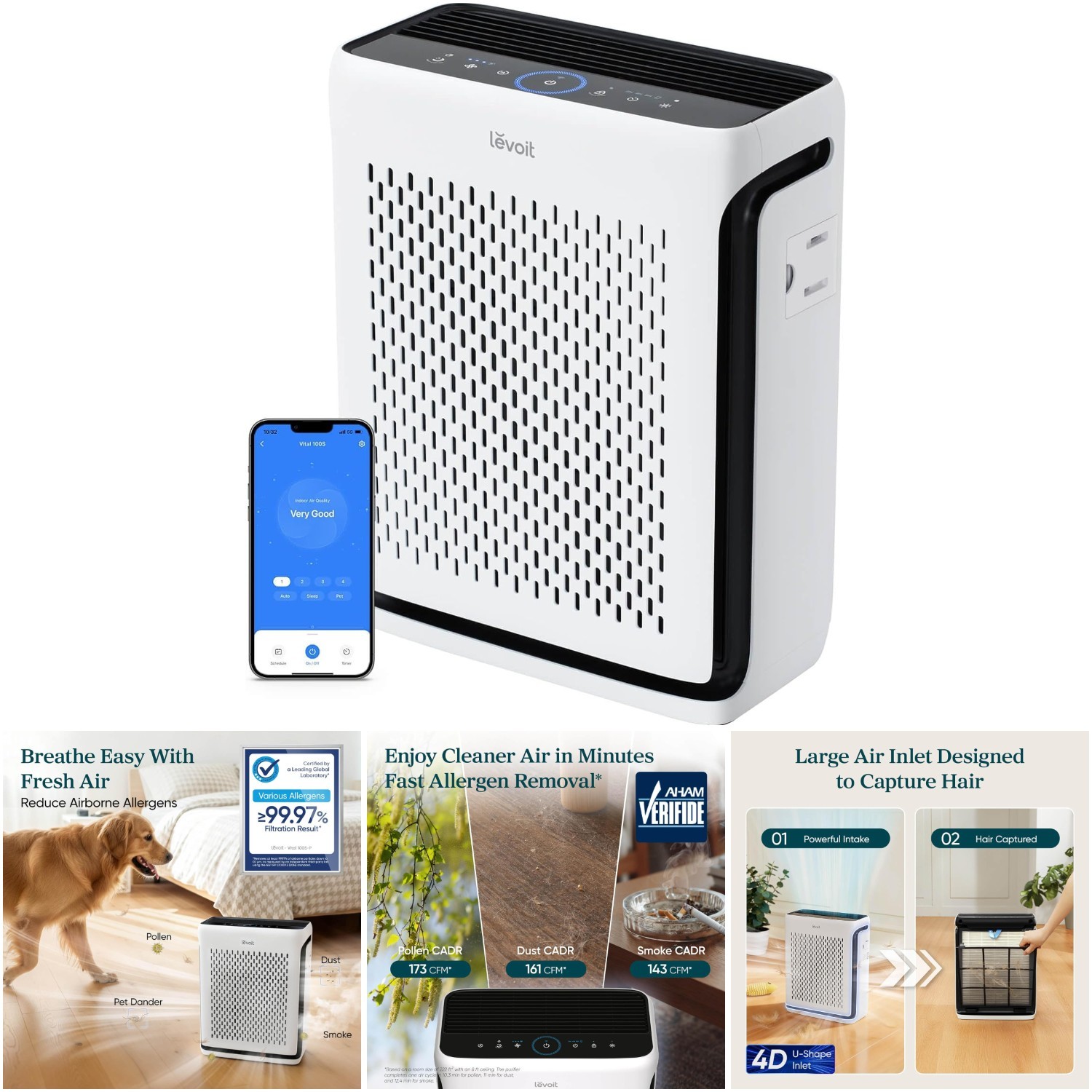 Air Purifier Large Room Up To 1073Ft² Air Quality Monitor Smart WiFi HEPA Filter