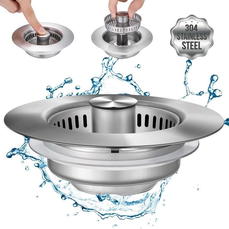 3-in-1 Kitchen Sink Drain Kit All-Metal SUS304 Strainer Stopper & Drain Assembly