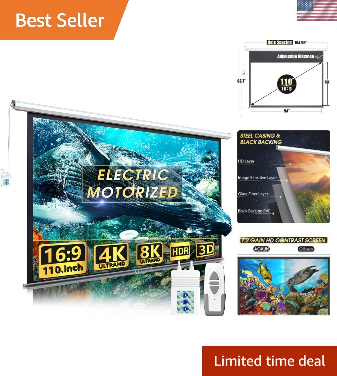 Electric 110" Projector Screen with Remote: Perfect for Indoor & Outdoor Movies