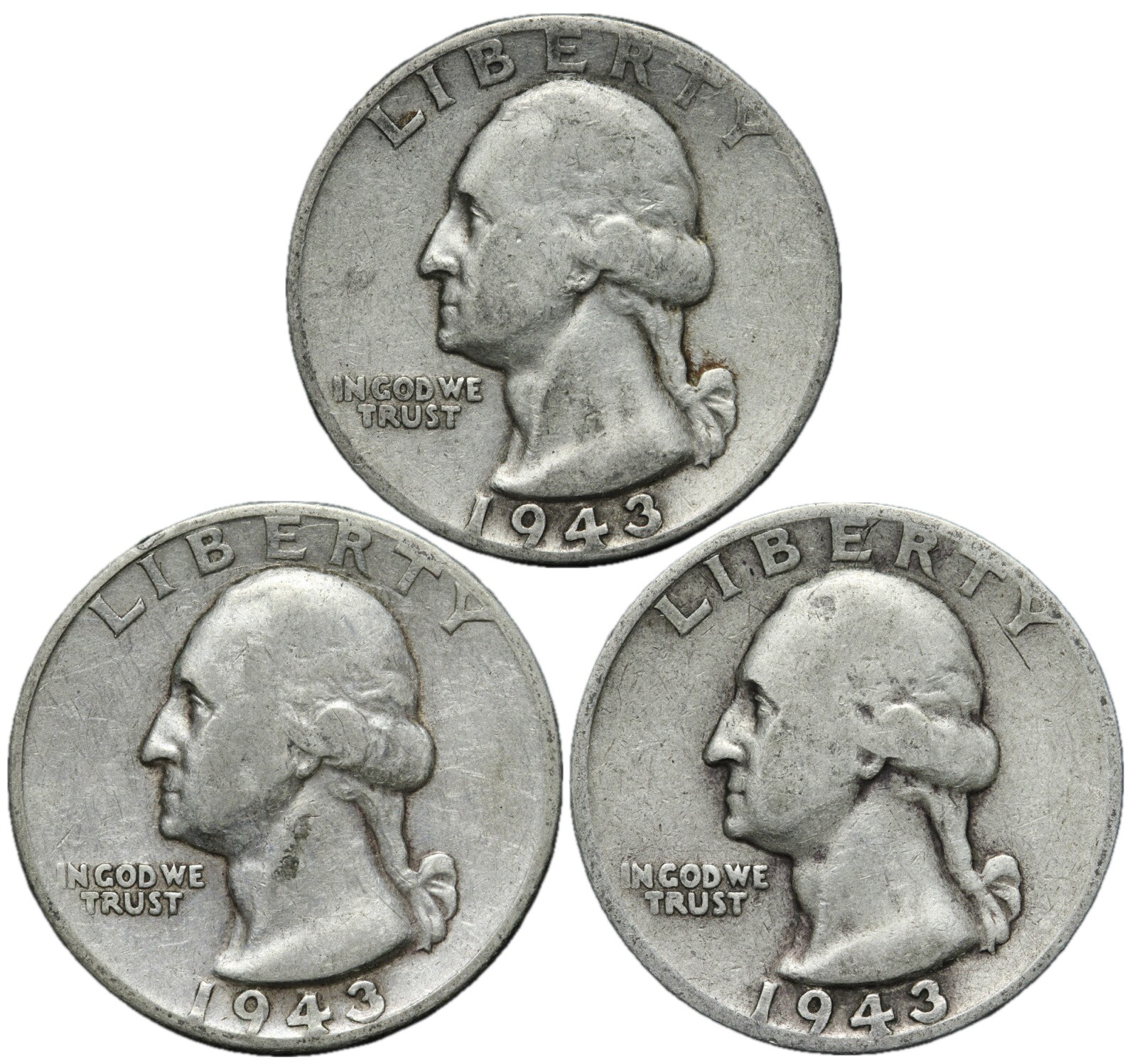 1943 & 1943-D 1943-S Washington SILVER Quarter 3 Coin Set! Nice Group!