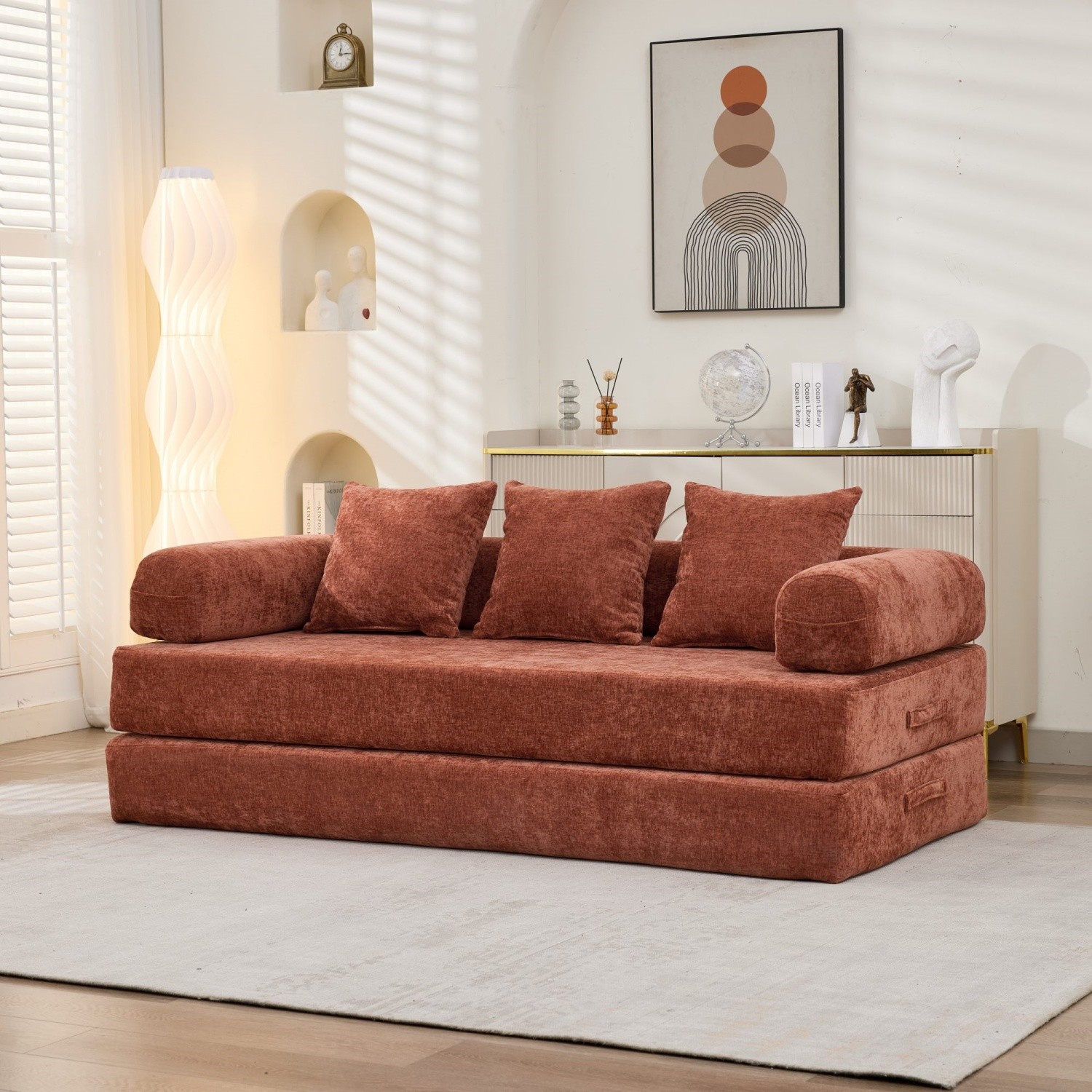 Modern Convertible Floor Sofa Bed Folding Mattress Couch w/ Armrests & Pillows