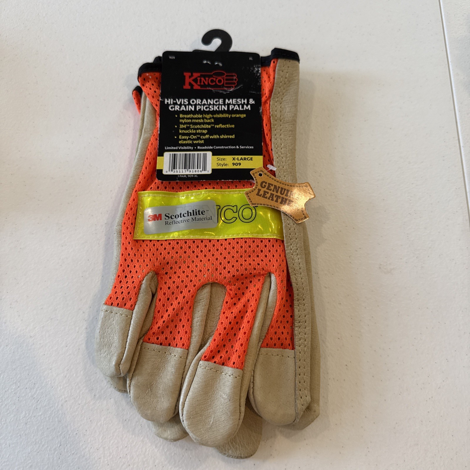 Kinco 909-XL Men's Unlined Grain Pigskin Mesh Back Gloves, Safety, XL, Orange
