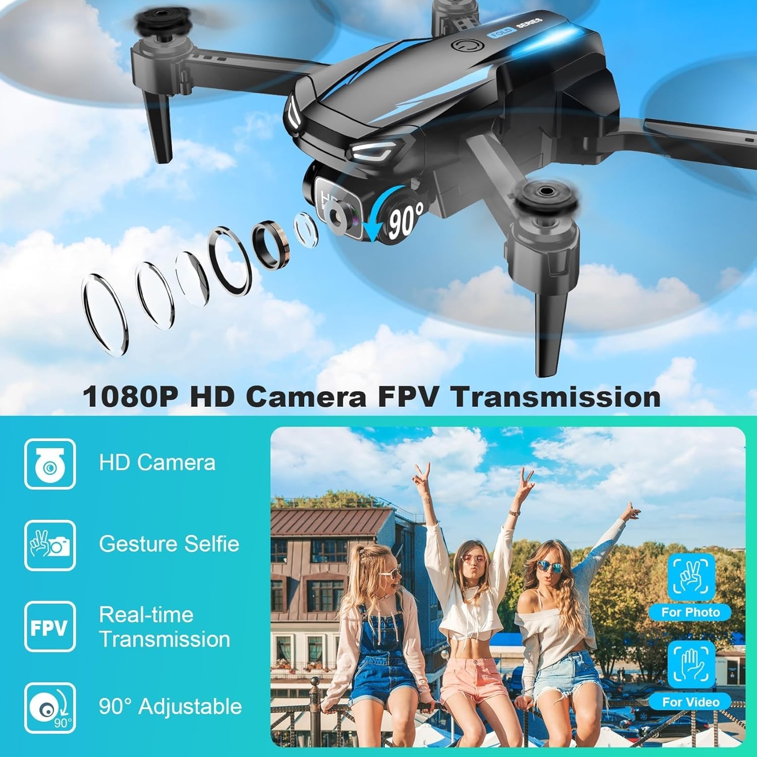 Drone with 1080P Camera for Beginners and Adults, Foldable Remote Control Quadco