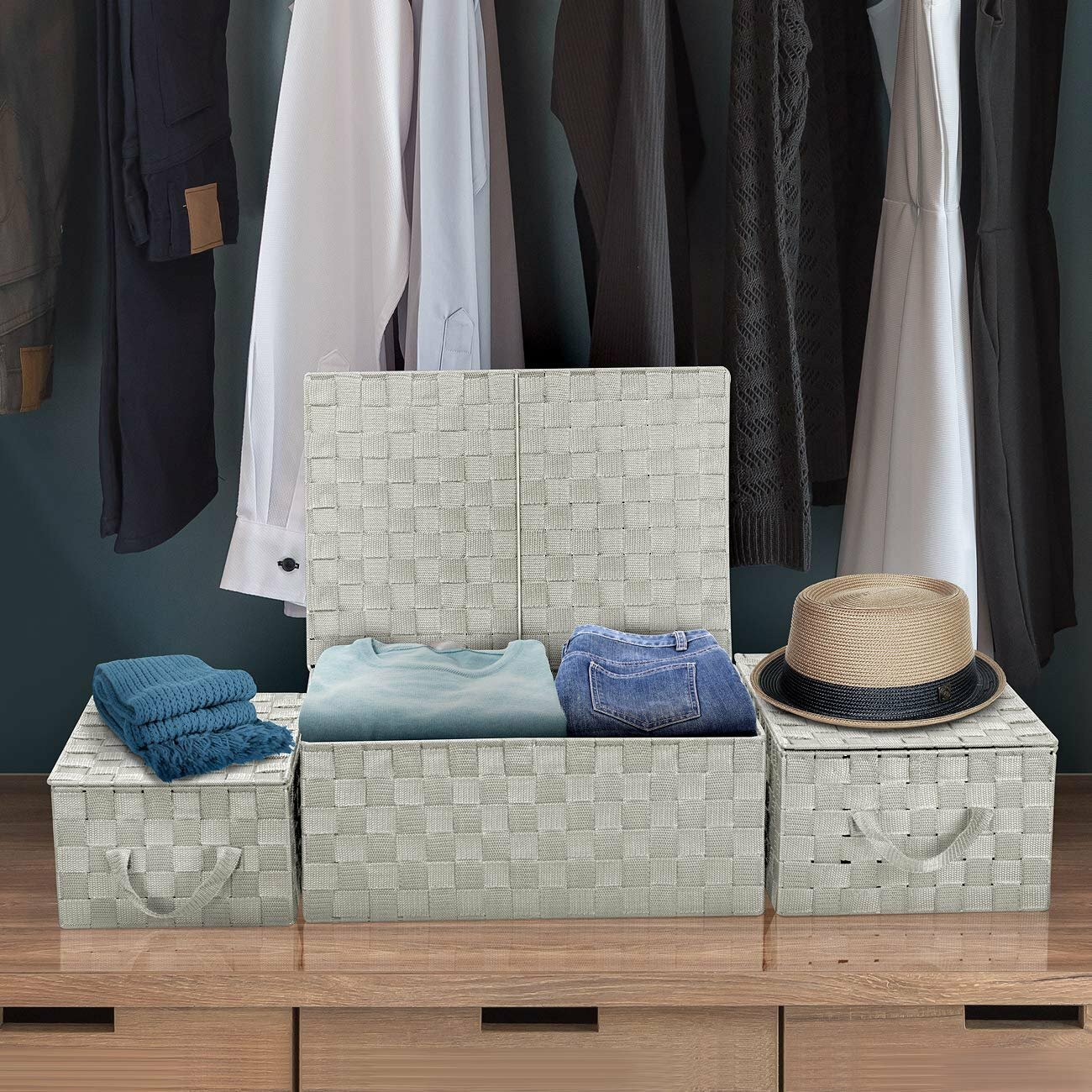 Storage Box Woven Lid Basket Bin Container Tote Cube Stackable Organizer Set