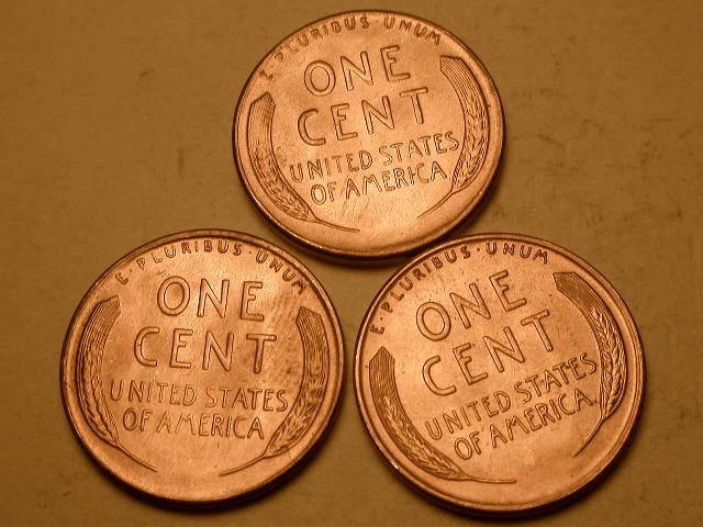 3 Different 1954-S Ch/Gem BU Red Uncirculated Lincoln Cent Filled "9" Errors#2