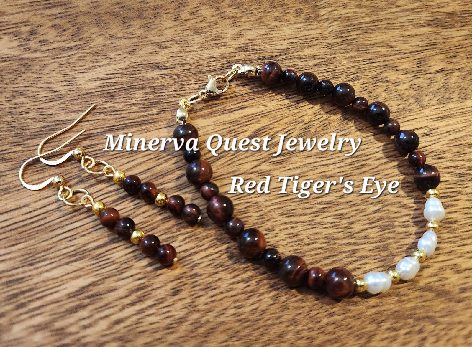Handmade Artisan Red Tiger's Eye Freshwater Pearl Bracelet #2832