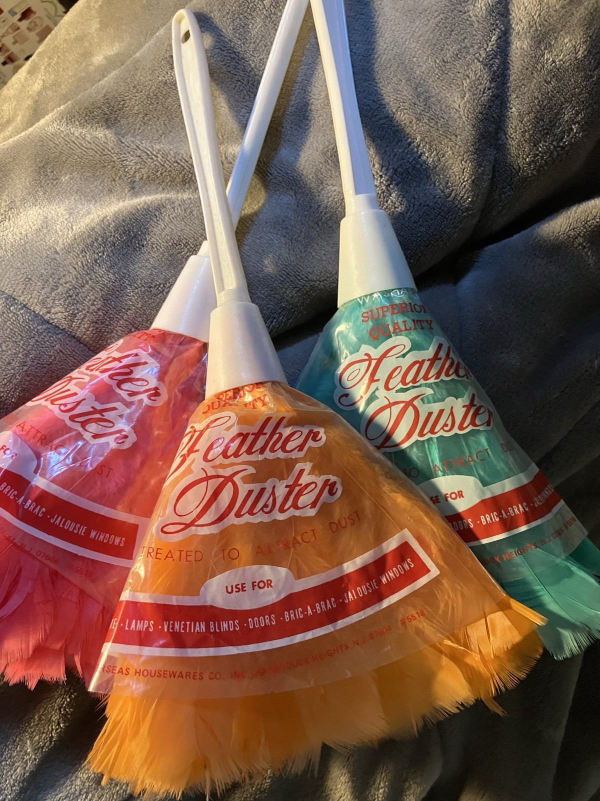 3 Vintage Feather Dusters Green Pink Orange 1960s New  Mid Century
