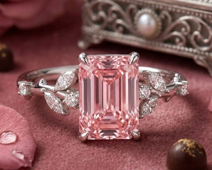 RARE 4.40 Ct Certified Emerald Cut Pink Natural Diamond Ring White Gold Finish