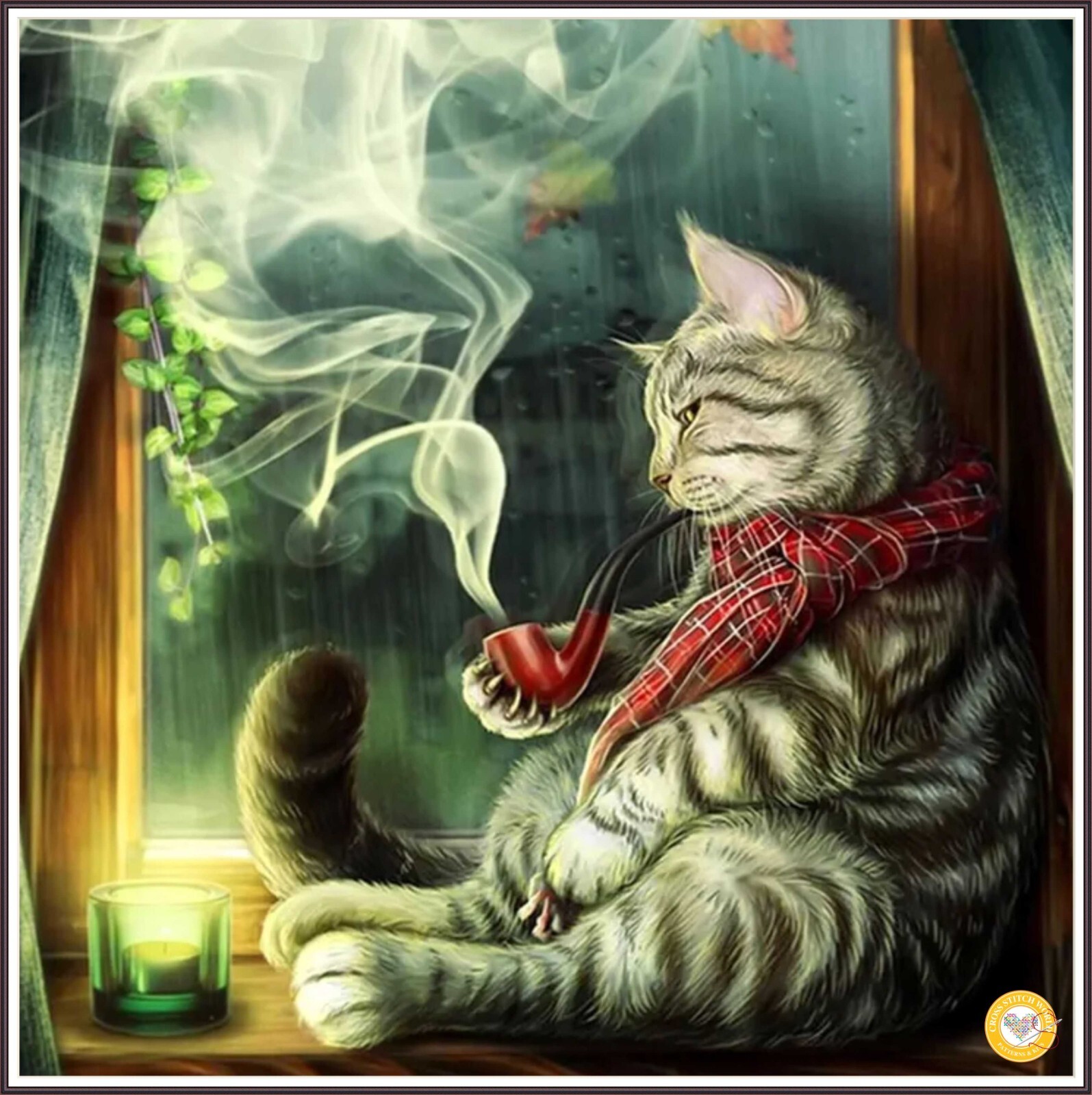 Cat Smoking Cigar 218  - Chart Counted Cross Stitch Pattern Needlework