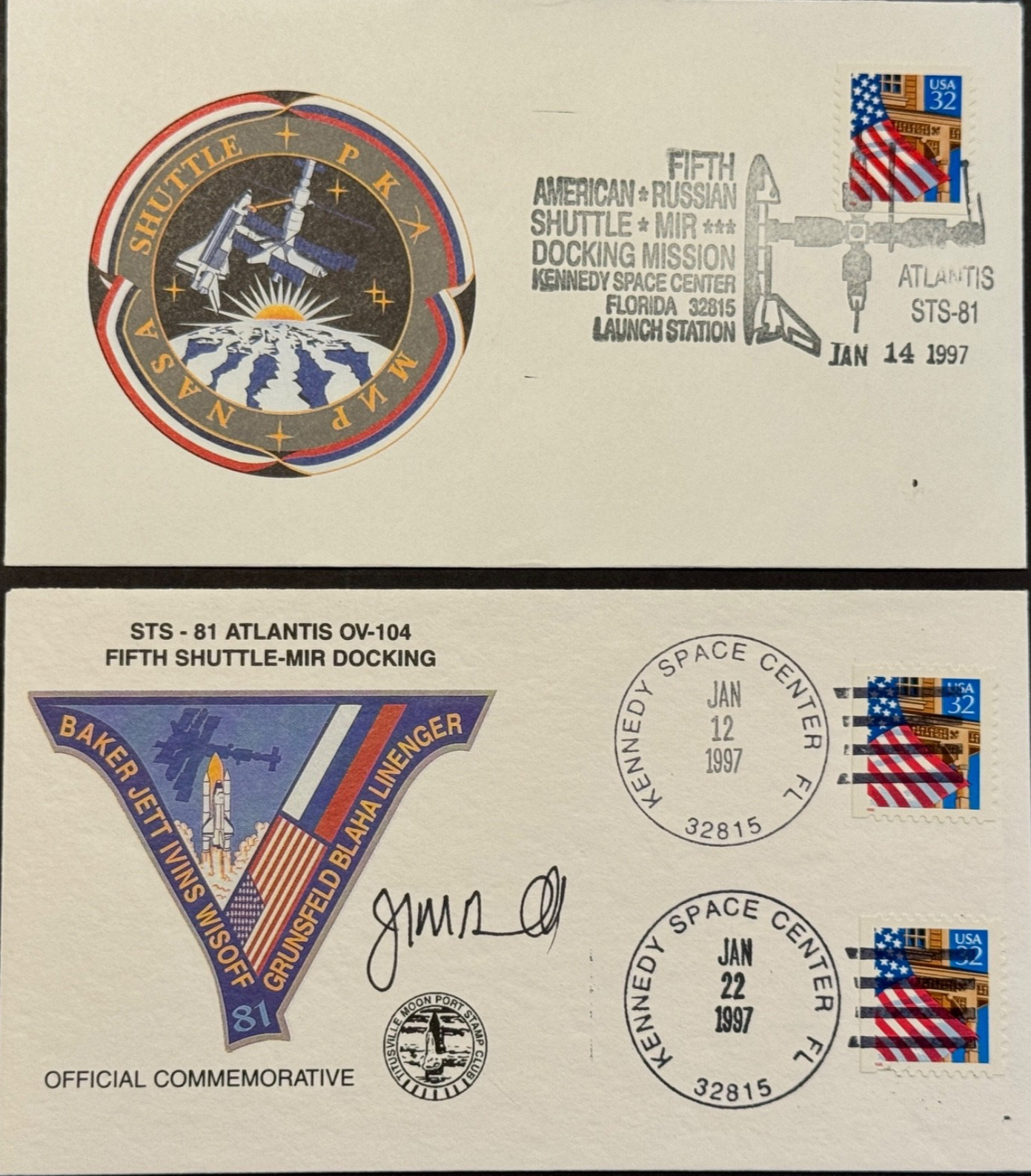 STS-81 Autographed Crew Cover w/ John Grunsfeld & 5th Mir docking cover
