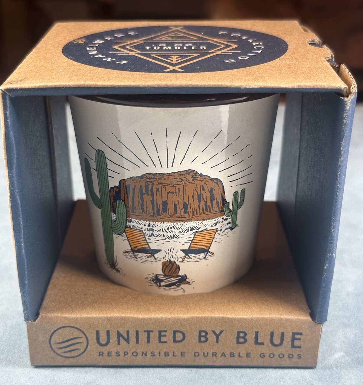 United by Blue Enamelware NEW 8 Oz Tumbler Campfire Scene Open Flame Friendly