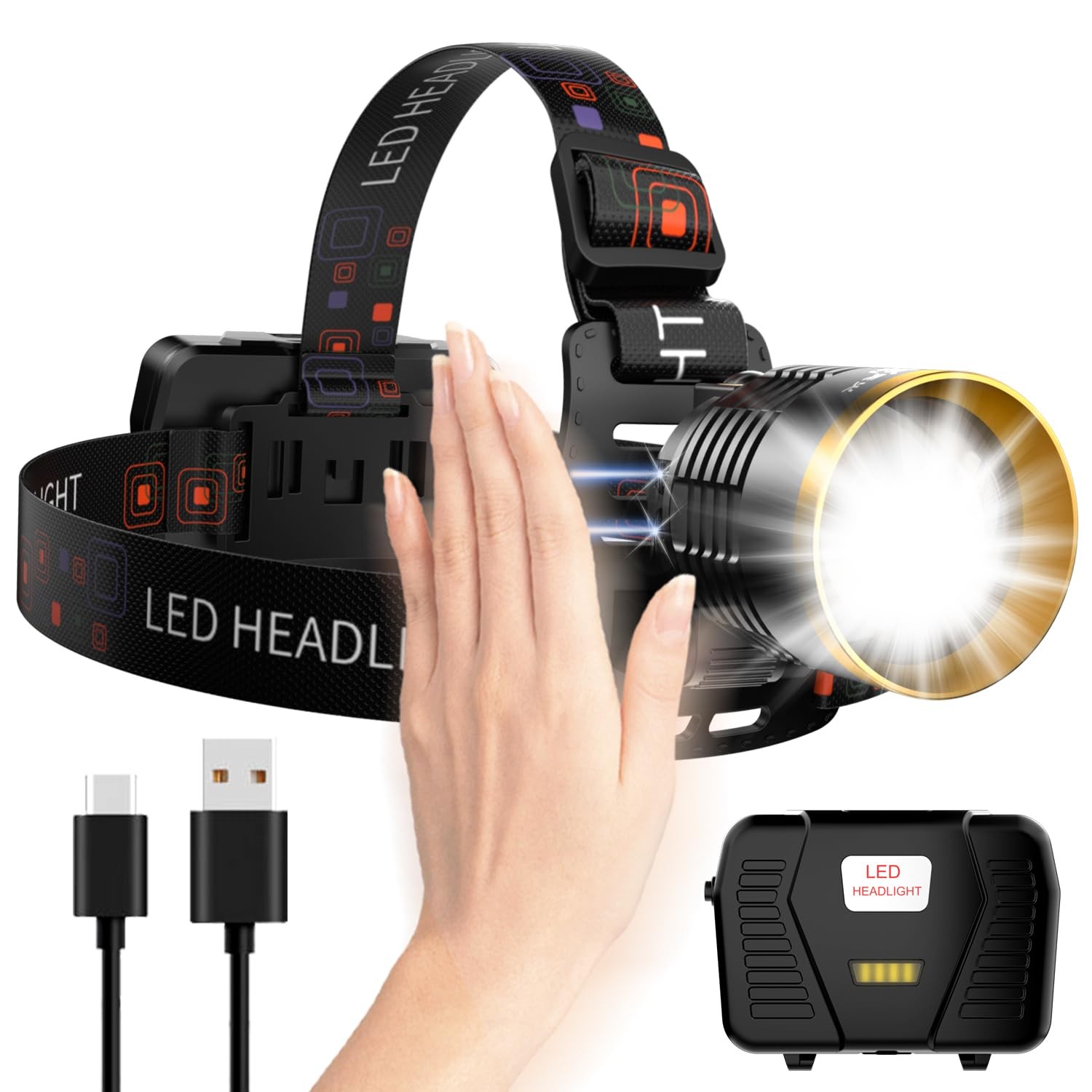 Rechargeable Headlamp LED, 1000 Lumens Super Bright Headlamp with Motion Sens...