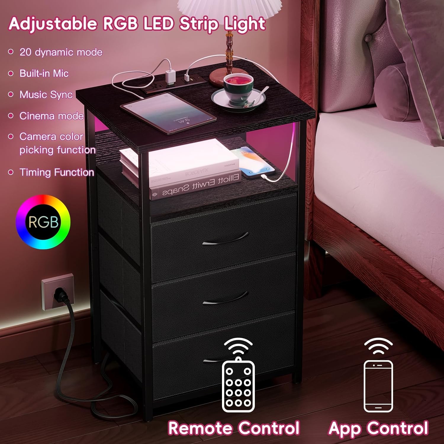 Fixwal Night Stand with Charging Station, LED Nightstand U-S-B Black