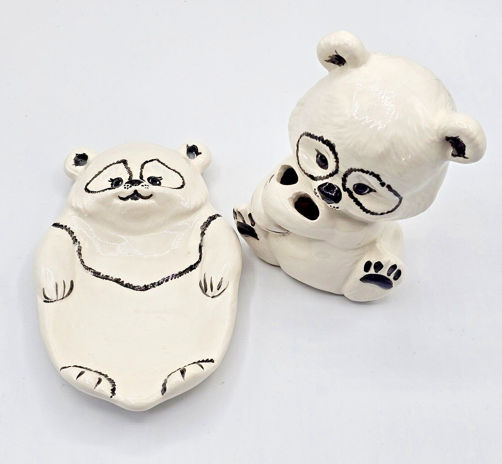 Panda Ceramic Soap Dish and Toothbrush Holder Bathroom Kitsch Signed Phyllig