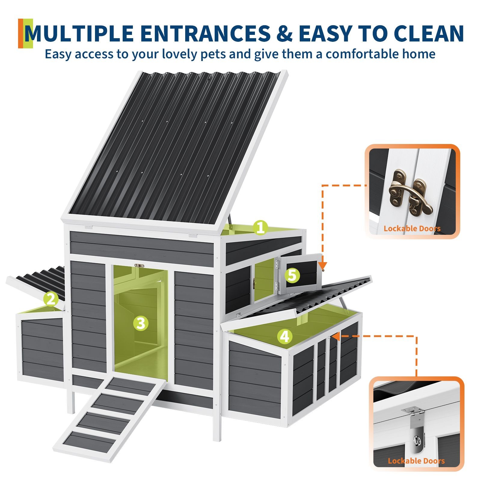 55" Chicken Coop 4-6 Chickens Dual Nesting Boxes Waterproof, Lockable Ventilated