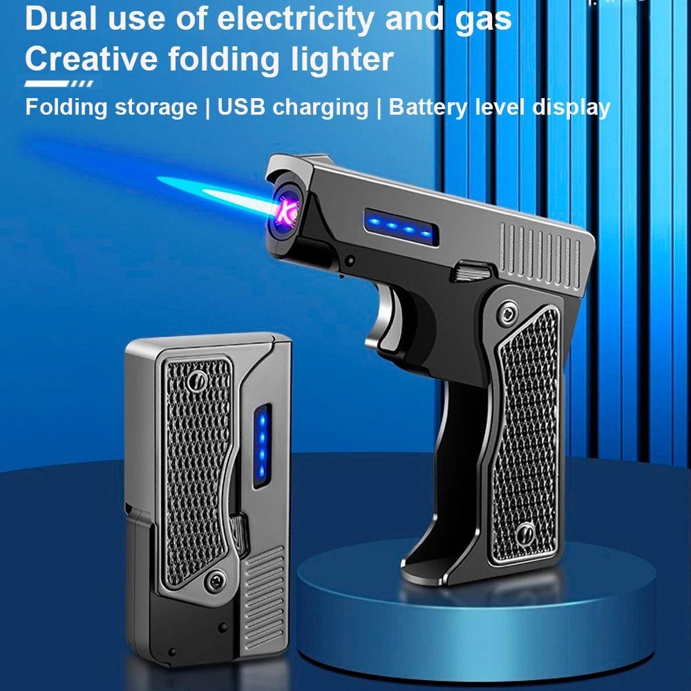 Folding Gun Torch Lighter Windproof Blue Jet Flame Lighter USB Rechargeable