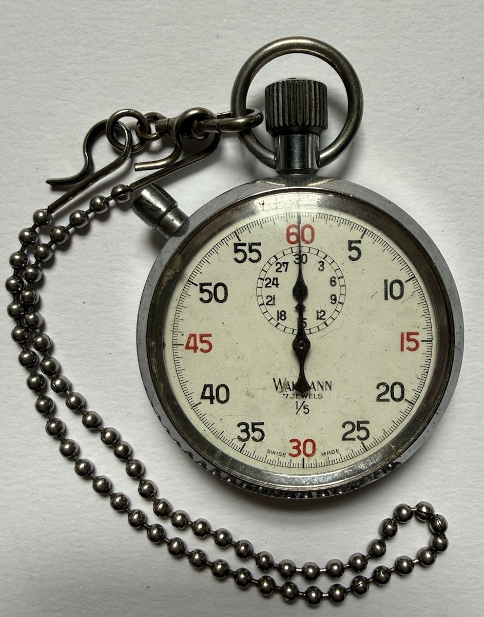 Vintage Wakmann Stopwatch Swiss Made 1/5 7 Jewels Steel- Works