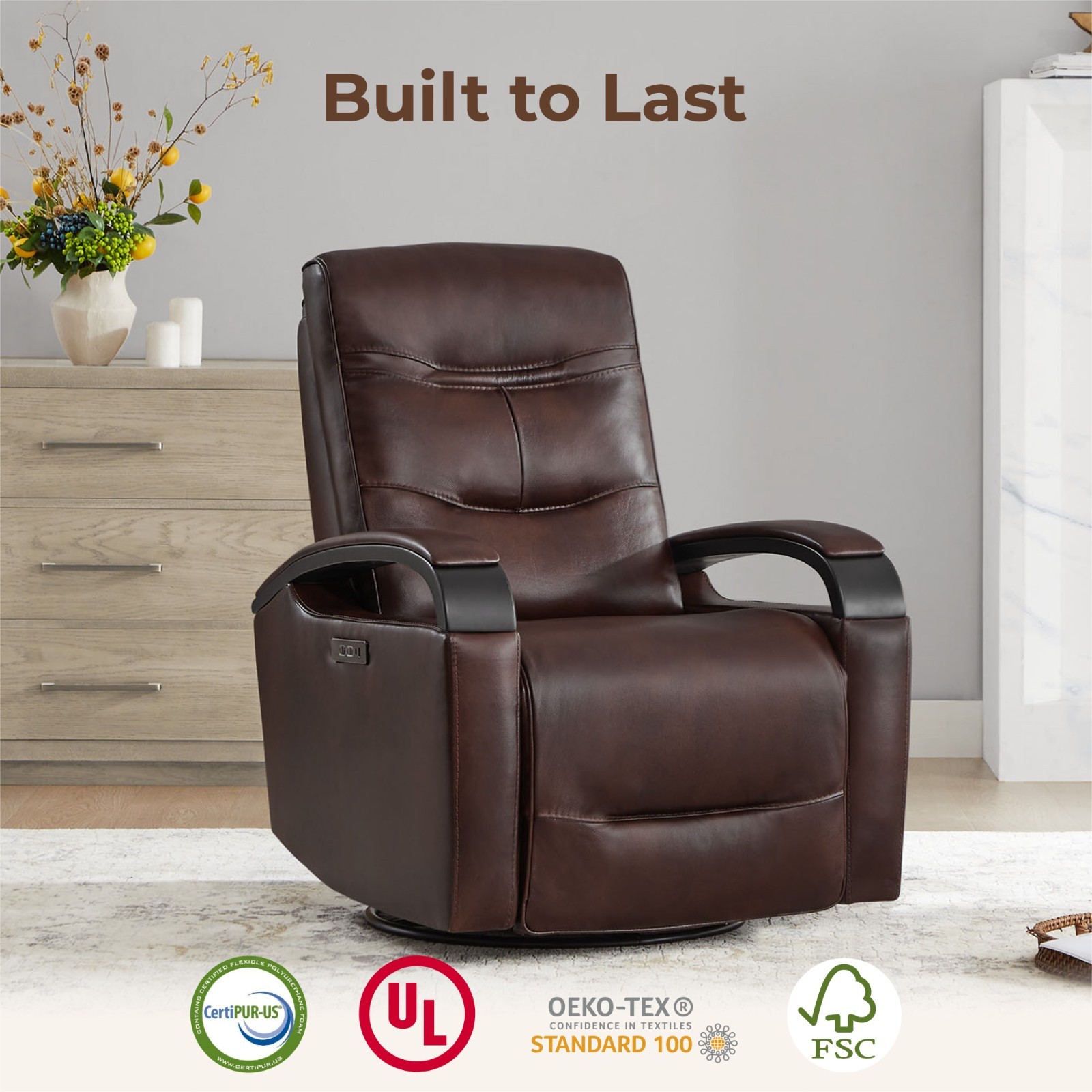 CHITA Genuine Leather Power Swivel Glider Rocker Recliner,Comfortable Headrest