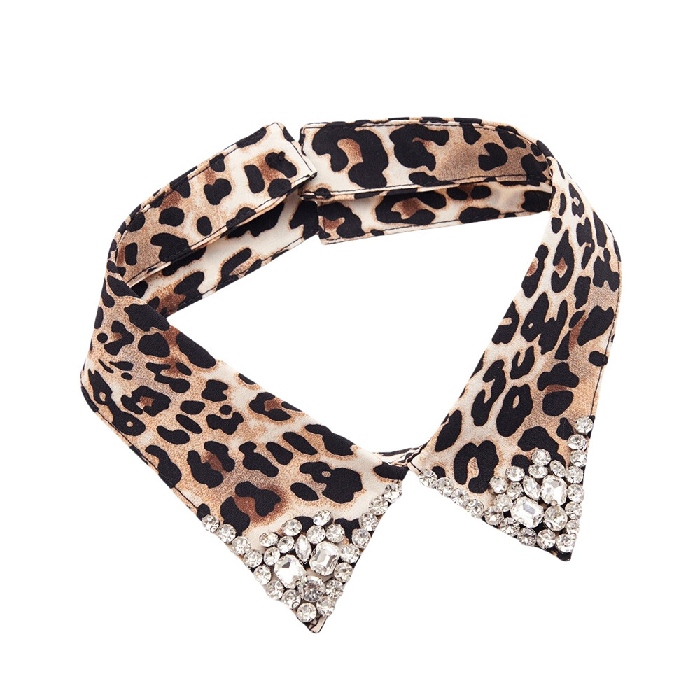 Women Leopard Crystal Detachable Fake Collar Neck Rhinestone Lapel Tops Choker