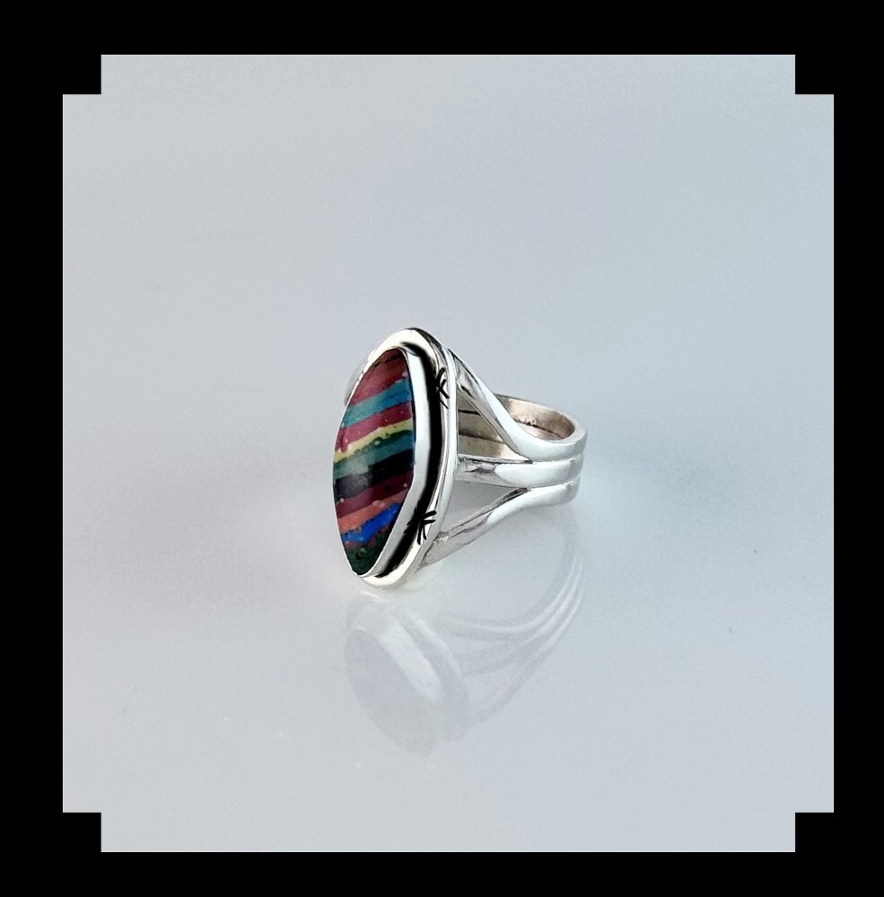 Sterling and Rainbow Calsilica Ring Size 5